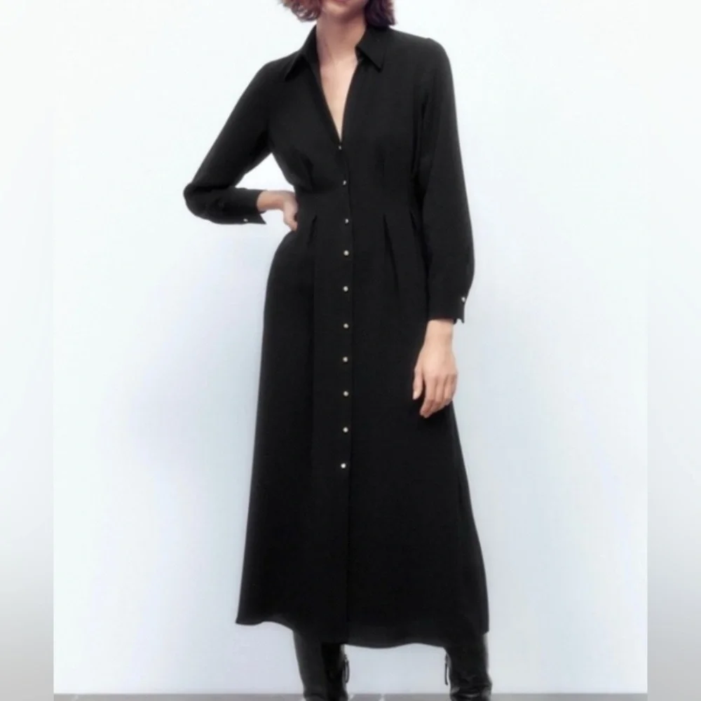 Zara Black Pleated Button-Down Dress - Picture 1 of 8